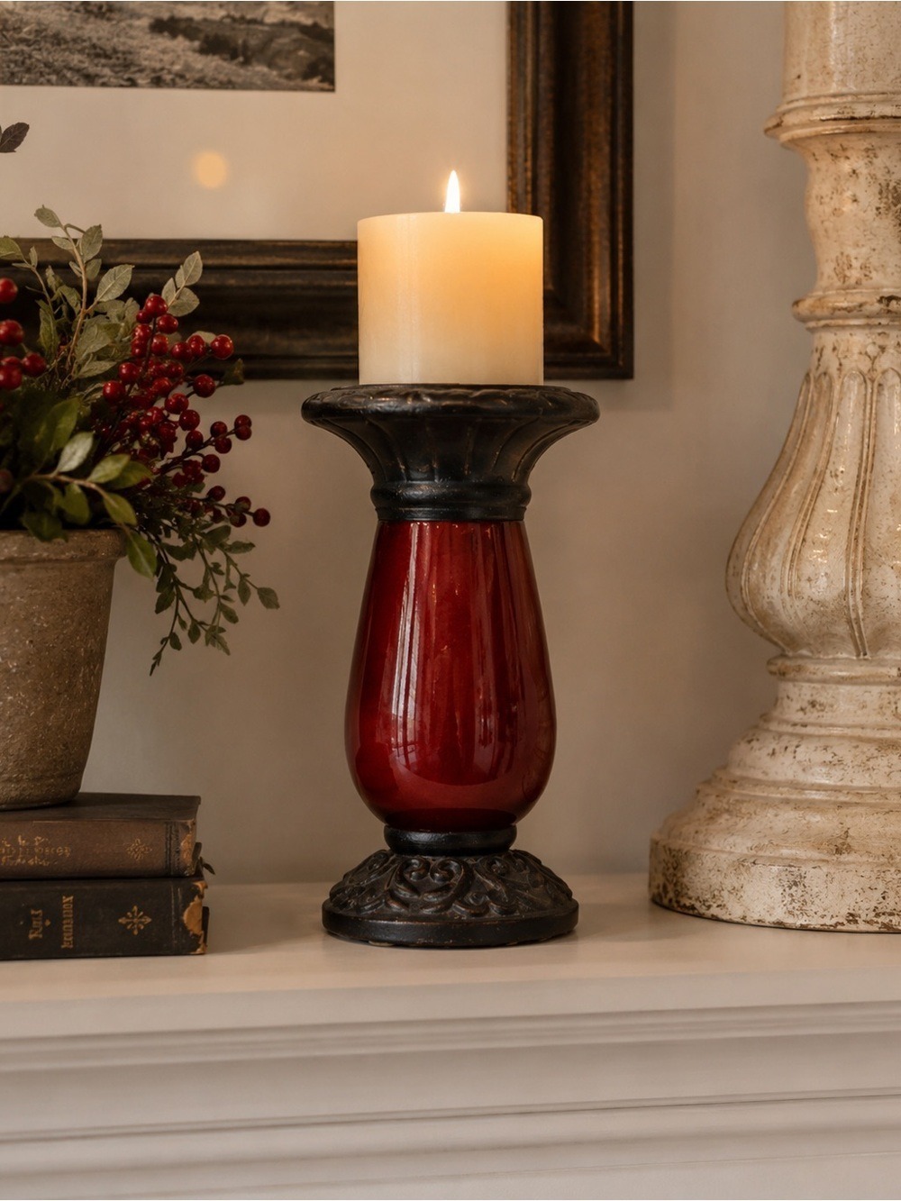 Partylite Moroccan Spice Pillar Candle Holder Red Burgundy Metal Base Vintage